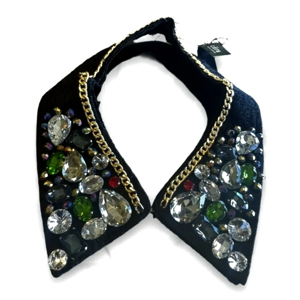 Black Fabric & Gold Toned Chain Jewel-Embellished Collar Cära New York Vintage